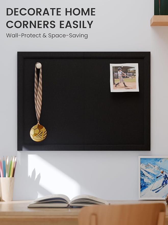 Foldable Cork Board Alternative, Felt Bulletin Board 24" x 18" Black Frame with 16 Adhesive Tabs, Pin Board for Home Office, Classroom, Entryway, Kitchen Wall Decor—Black