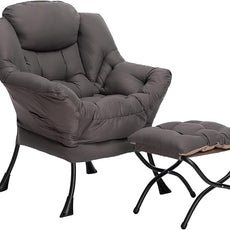 HollyHOME Lazy Chair with Foldable Ottoman, Accent Comfy Lounge Armchair and Folding Footrest Stool, Leisure Sofa Reading Chair and Footstool for Living Room, Bedroom, Dorm,Dark Grey