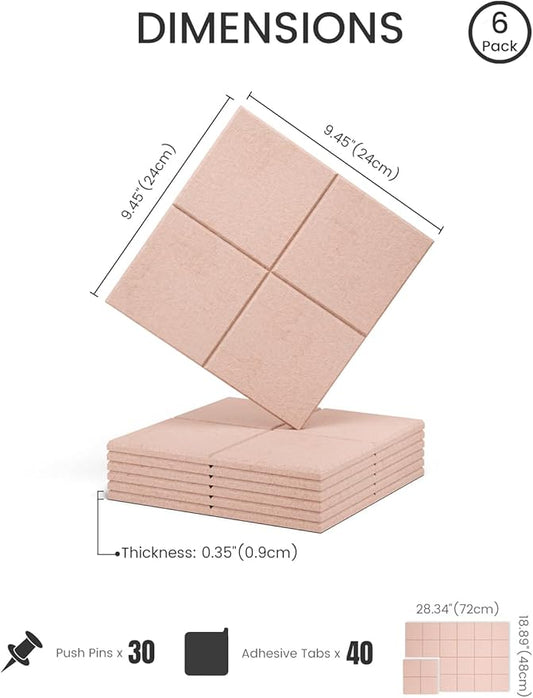 Felt Bulletin Board Tiles -28"x18" Cork Board Alternative for Office Decor, Push Pin Board Wall Organizer 6-Pack-Pink