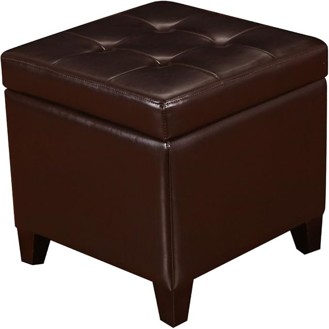 Tufted Leather Square Storage Ottoman, Lift Top Cube Footstool with Hinged Lid Footrest with Wood Legs (Brown)