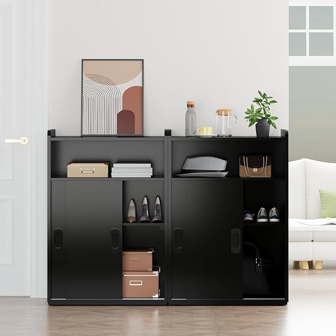 Adjustable Storage Cabinet with Sliding Doors, Multi-Functional Organizer with 2-Tier Shelves (Black)
