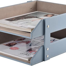 Leather Desk Letter Tray,Office Supplies Paper Organizer for Mail Paper Files Magazines Jewelry Cosmetics,Fashion Letter Holder& 2-Tier Multipurpos Stackable Office Desktop Storage Box,Grey