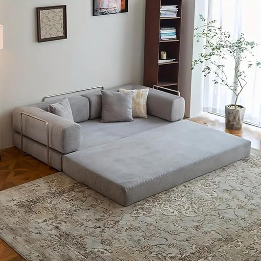 98.4" Convertible Sofa Bed - Compression Sofa with Corduroy Fabric - with Armrests and Backrest - Modular Sectional for Living Room, Bedroom, Studio - Compression Sofa in Box (Grey)