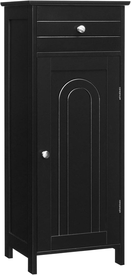 Tangkula Bathroom Floor Cabinet, Wooden Side Storage Organizer, Free-Standing Single Door Floor Storage Cabinet with Large Drawer & 2 Adjustable Shelves for Living Room Kitchen (Black)