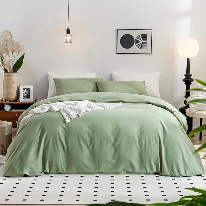 JELLYMONI Light Green Duvet Cover Full Size - 100% Washed Cotton Linen Like Textured Comforter Cover, 3 Pieces Breathable Soft Bedding Set with Zipper Closure (Light Green, Full 80"x90")