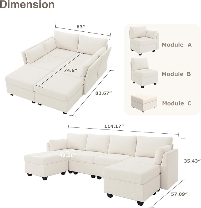 114.17" Modular Sectional Sofa, 6 Seat Modular Couch with Storage, Memory Foam, Convertible Sectional Couches for Living Room, U Shaped Comfy Modular Sofa with Chaise, Beige