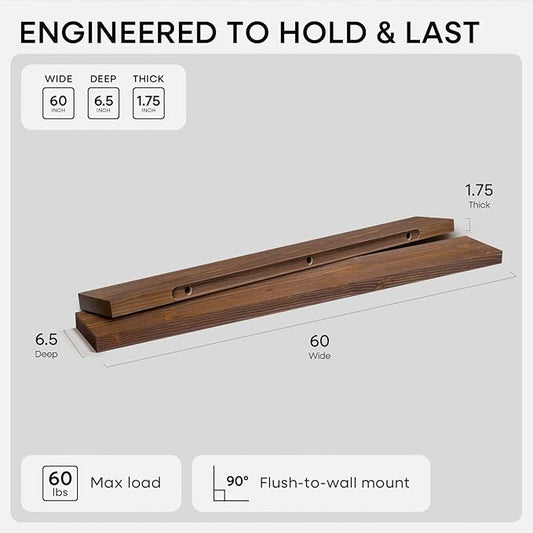 Homeforia Classic Walnut 60 inch Floating Shelf, High End Solid Real Wood Small 60inch Floating Shelves for Wall Mounted, 60in Floating Shelves, Heavy Duty Bracket, 60 X 6.5 X 1.75 inches, Set of 2