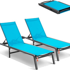 VEVOR 2 Pcs Chaise Lounge Chairs Outdoor, Aluminum Patio Lounge Chair with Adjustable 5-Position, Folding Pool Chairs Recliner and Full Flat Tanning Chair for Patio, Beach, Pool, Blue, 2 pcs