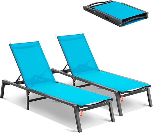 VEVOR 2 Pcs Chaise Lounge Chairs Outdoor, Aluminum Patio Lounge Chair with Adjustable 5-Position, Folding Pool Chairs Recliner and Full Flat Tanning Chair for Patio, Beach, Pool, Blue, 2 pcs