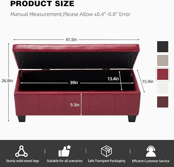 Faux Leather Storage Ottoman Bench with Hinged Lid,42 Inch Large Rectangular Footrest Stool for Bedroom End of Bed, Entryway and Living Room, Padded Seat Shoe Bench, Wine Red