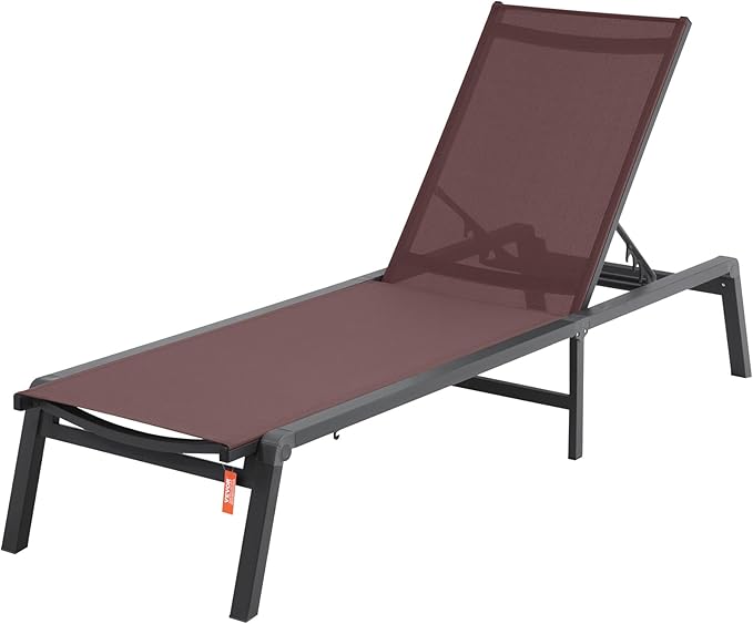 VEVOR Chaise Lounge Chair Outdoor, Aluminum Patio Lounge Chairs with Adjustable 5-Position, Folding Pool Chairs Recliner and Full Flat Tanning Chair for Patio, Beach, Pool, Brown