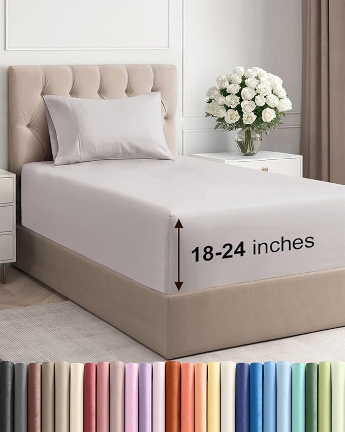 Extra Deep Pocket Twin Sheets - 3 Piece Breathable & Cooling Bed Sheets - Hotel Luxury Bed Sheet Set - Soft, Wrinkle Free & Comfy - Easily Fits Extra Deep Mattresses - Deep Pocket Light Grey Sheets