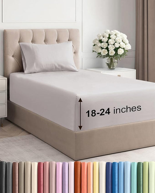 Extra Deep Pocket Twin Sheets - 3 Piece Breathable & Cooling Bed Sheets - Hotel Luxury Bed Sheet Set - Soft, Wrinkle Free & Comfy - Easily Fits Extra Deep Mattresses - Deep Pocket Light Grey Sheets