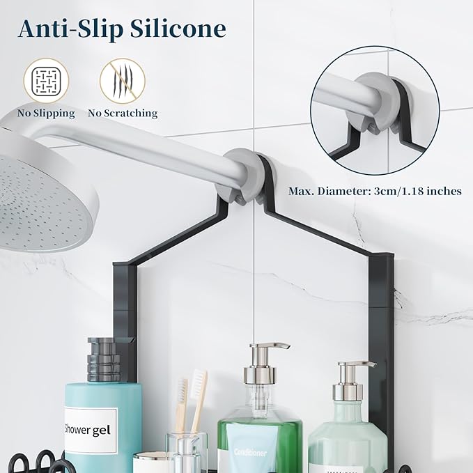 Consumest Shower Caddy Hanging – Rustproof Over Shower Head Hanger with Soap Holder and Hooks, Anti-Slip Shower Shelves for Storage, Bathroom Organizer for Apartment, Dorm, Black