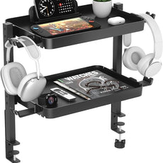 KDD Clamp On Desk Organizer - Adjustable 2-Tier Above or Under Desk Shelves with Large Capacity Tray, Phone & Tablet Holder, Headphone Hook - No Drilling Desktop Storage for Office & Home Accessories