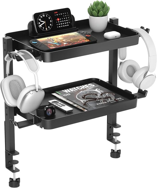 KDD Clamp On Desk Organizer - Adjustable 2-Tier Above or Under Desk Shelves with Large Capacity Tray, Phone & Tablet Holder, Headphone Hook - No Drilling Desktop Storage for Office & Home Accessories