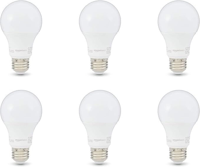 Amazon Basics 60W Equivalent, Daylight White, Non-Dimmable, 10,000 Hour Lifetime, A19 LED Light Bulb , 6-Pack