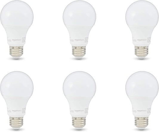 Amazon Basics 60W Equivalent, Daylight White, Non-Dimmable, 10,000 Hour Lifetime, A19 LED Light Bulb , 6-Pack