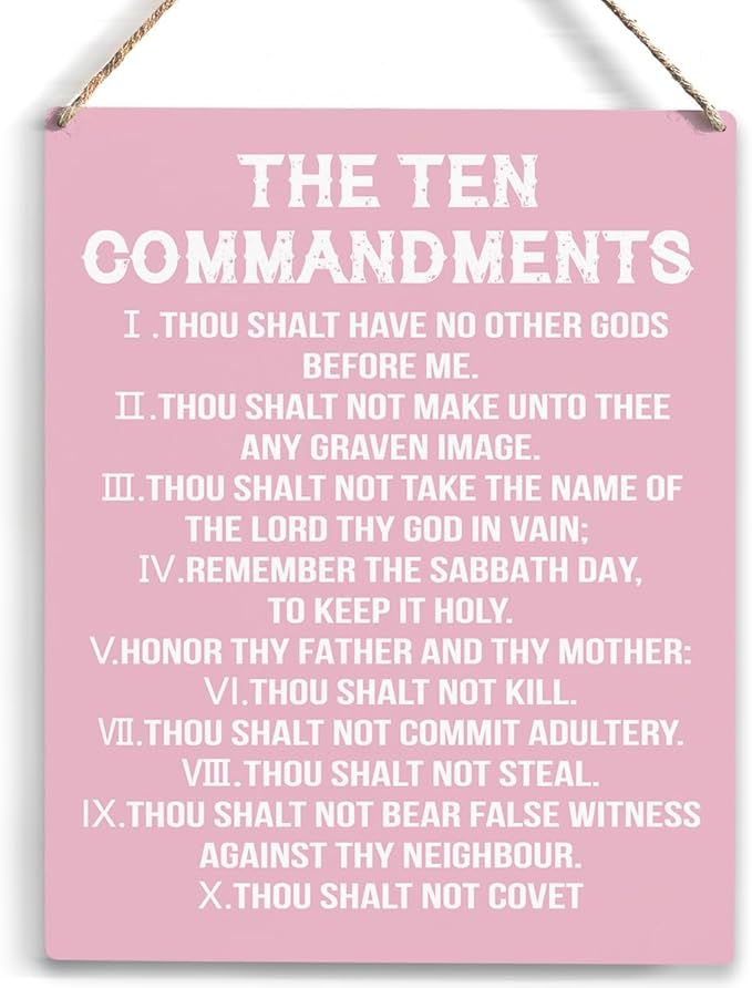 YCYD Ten Commandments Decor,10 Commandments Desk Poster, Christian Bible Verse Decor Religious Home Rustic Wooden Box Sign for Living Room Bedroom Office 10 x 8 Inches pink