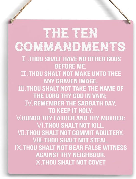 YCYD Ten Commandments Decor,10 Commandments Desk Poster, Christian Bible Verse Decor Religious Home Rustic Wooden Box Sign for Living Room Bedroom Office 10 x 8 Inches pink