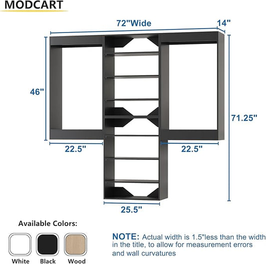 Modular Closet System, 72" Wide Closet Organizer System with Hanging and Towers, Wood Tower Closet Storage for Walk In Closets, Wall Mounted Wardrobe Organizer Kit System, Bedroom, Black