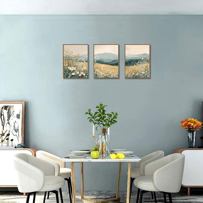 KISSFOX 3 Piece Framed Wall Art Floral Wall Decor Landscape Pictures Mountain Canvas Art Daisy Wildflower Paintings Modern Farmhouse Artwork For Bedroom Bathroom Living Room
