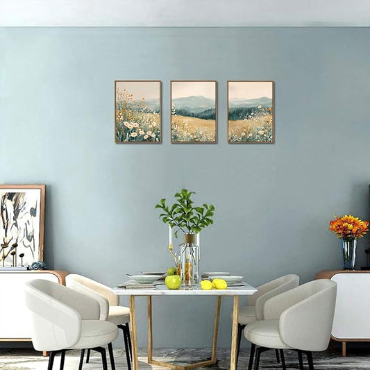 KISSFOX 3 Piece Framed Wall Art Floral Wall Decor Landscape Pictures Mountain Canvas Art Daisy Wildflower Paintings Modern Farmhouse Artwork For Bedroom Bathroom Living Room