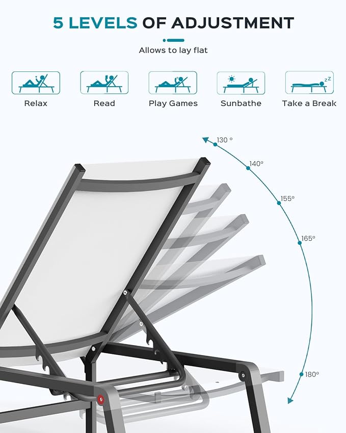 Aluminum Chaise Lounge Ourdoor - Foldable & Assemble Free Outdoor Lounge Chair with 5 Adjustable Backrest, Patio Lounge Chair for Outside Poolside Beach Pool, White