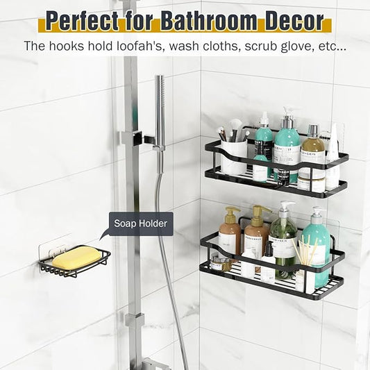 OMAIRA 3-Pack Shower Caddy with Soap Holder, Adhesive Rustproof No-Drill Strudy Loading Inside Shower Organizer Shelves Rack Storage Bathroom Organization for Smooth Wall Glass Tile, Black (X-Large)