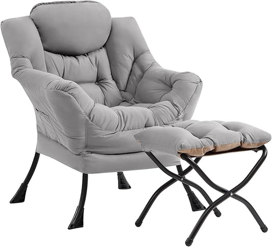 Cozy Lazy Chair and Ottoman, Large Contemporary Accent Lounge Chair Set, Leisure Upholstered Reading Armchair for Bedroom, Living Room, Dorm Rooms, Office
