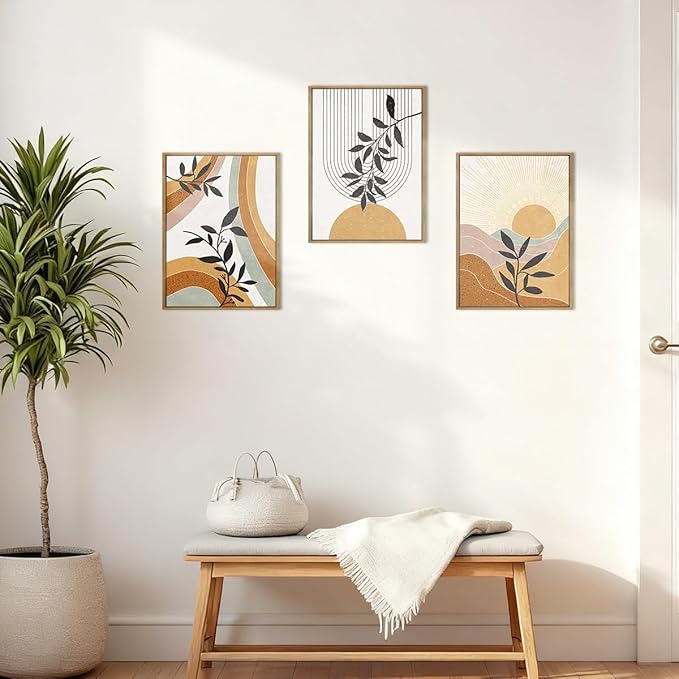 BINCUE Boho Line Wall Art Abstract Plant Wall Decor Mid Century Artwork for Living Room Bedroom Office 12"x16" Set of 3