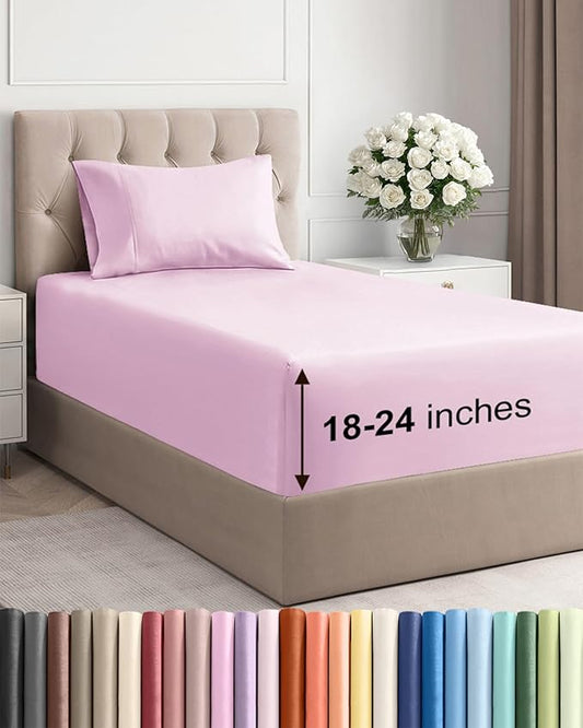 Extra Deep Pocket Twin Sheets - 3 Piece Breathable & Cooling Bed Sheets - Hotel Luxury Bed Sheet Set - Soft, Wrinkle Free & Comfy - Easily Fits Extra Deep Mattresses - Deep Pocket Light Pink Sheets