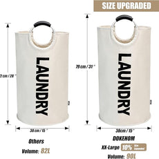 DOKEHOM 90L Large Laundry Basket, Collapsible Laundry Bag, Freestanding Tall Clothes Hamper, Foldable Washing Bin (Beige)