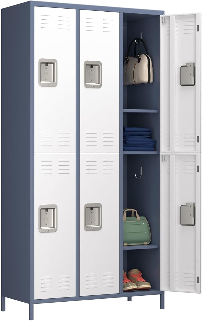 Aobabo Metal Storage Locker for Employees, 6 Doors Metal Locker for Garage, Office, Gym, Dormitory, Industrial Storage with 18 Hooks, Assembly Required, Grey White