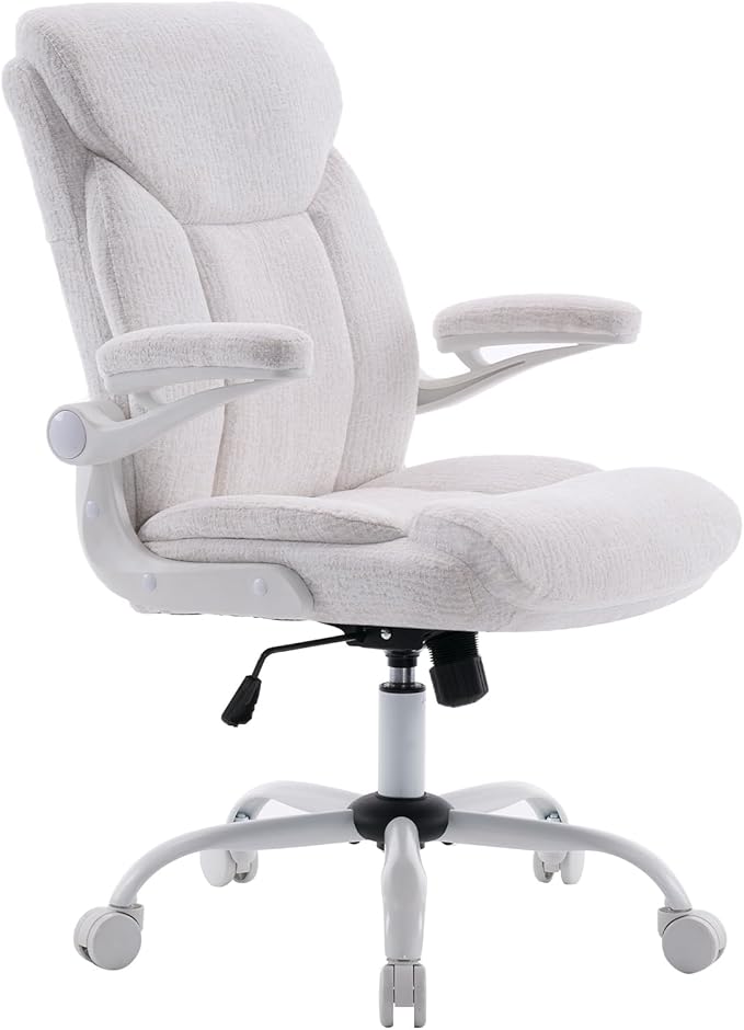 Executive Office Chair, Comfy Fabric Cloth Computer Chair Ergonomic Desk Chairs with Flip-up Armrests, Lumbar Support, 360° Swivel and Rocking Function for Home Office Chairs, White