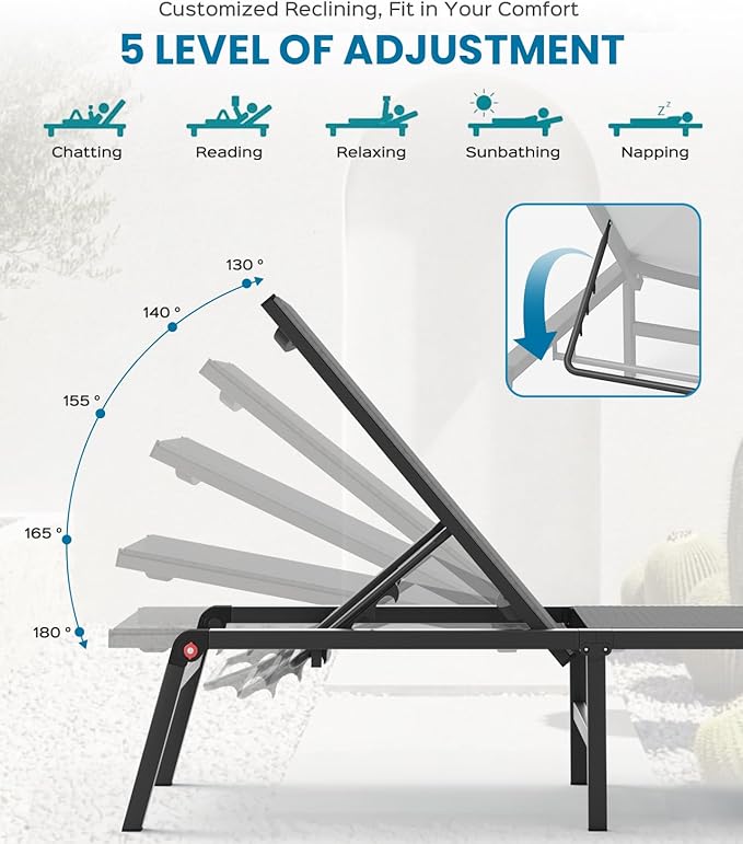 Foldable Pool Lounge Chairs, Aluminum Chaise Lounge Outdoor with 5 Positions Recliner - Free Assembly - Patio Lounge Chair for Poolside, Beach (Darkgray)