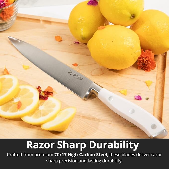 Yatoshi 15 Piece White Knife Block Set - Pro Kitchen Knife Set Ultra Sharp High Carbon Stainless Steel with Ergonomic Handle