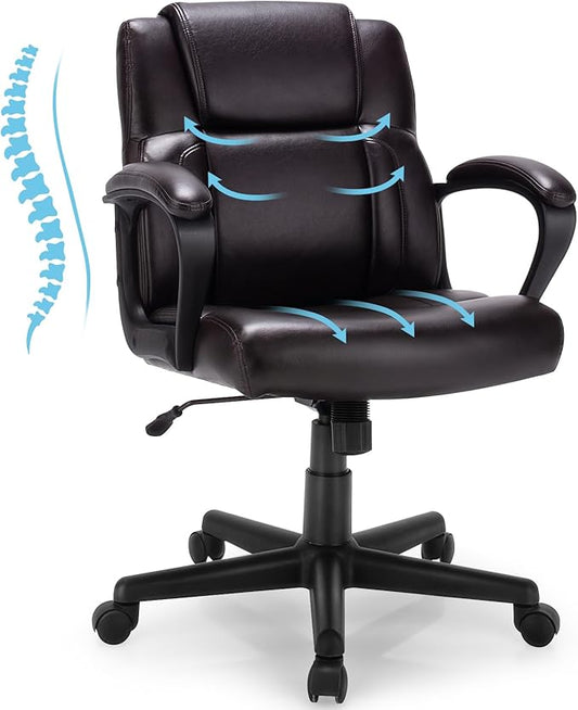 POWERSTONE Leather Executive Chair with 4in Thickened Cushion, Ergonomic Mid Back Office Desk Chair with Soft Padded Armrests for Home, Study and Office(Brown)