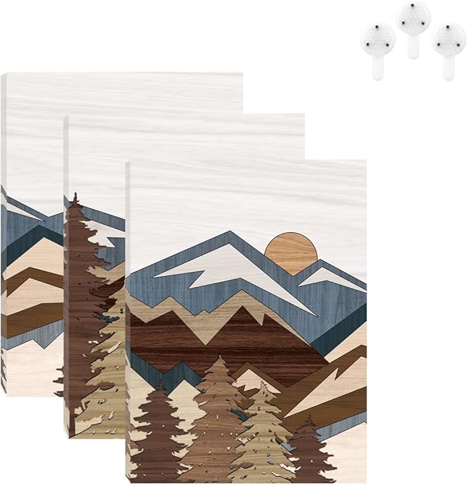 BINCUE Boho Mountain Wall Art Framed Mountains Office Canvas 3 Piece Artwork 12x16 Inch for Living Room Bedroom Décor