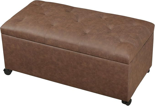 Joveco Storage Ottoman Bench 35" Faux-Leather Rectangular Tufted Ottomans Storage Room Organizer with Wheels(Matte Chocolate)