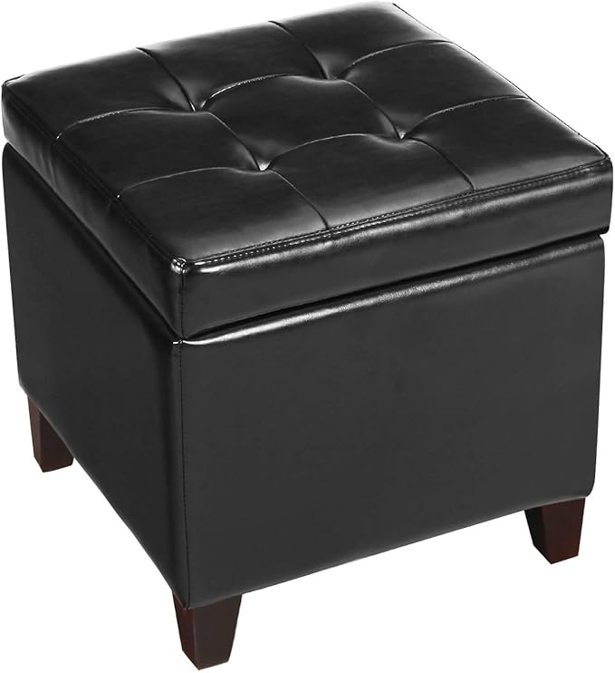Black PU Leather Square Storage Ottoman Lift Top Footstool with Wood Legs, 18"x18"x18"
