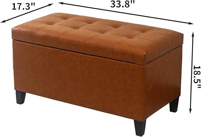 Joveco Storage Ottoman Bench, 33 Inches Faux Leather Rectangle Tufted Foot Stool for End Foot of Bed, Bedroom, Living Room, Cognac Brown
