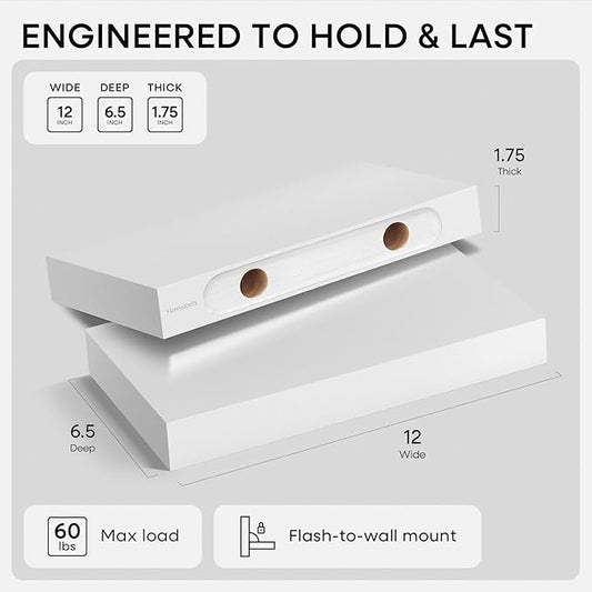 Homeforia White Floating Shelf 12 inch, High End Solid Real Wood Small 12inch Floating Shelves for Wall Mounted, White Wooden 12 in Floating Shelves, Heavy Duty Bracket, 12 X 6.5 X 1.75 inch, Set of 4