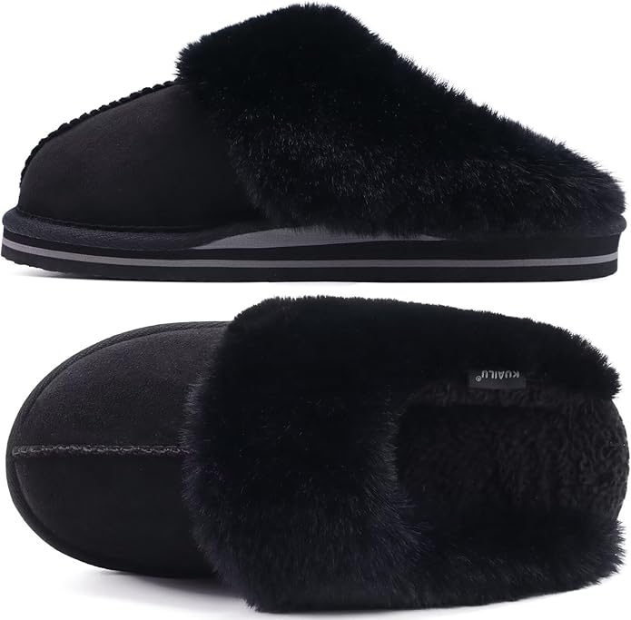 KuaiLu Womens Fluff Dual Memory Foam Slippers Ladies Cozy Arch Support Warm Scuff Slippers Slip on Comfy Winter House Shoes with Non-Slip Indoor Outdoor Hard Sole