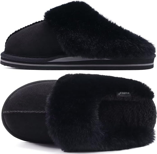 KuaiLu Womens Fluff Dual Memory Foam Slippers Ladies Cozy Arch Support Warm Scuff Slippers Slip on Comfy Winter House Shoes with Non-Slip Indoor Outdoor Hard Sole