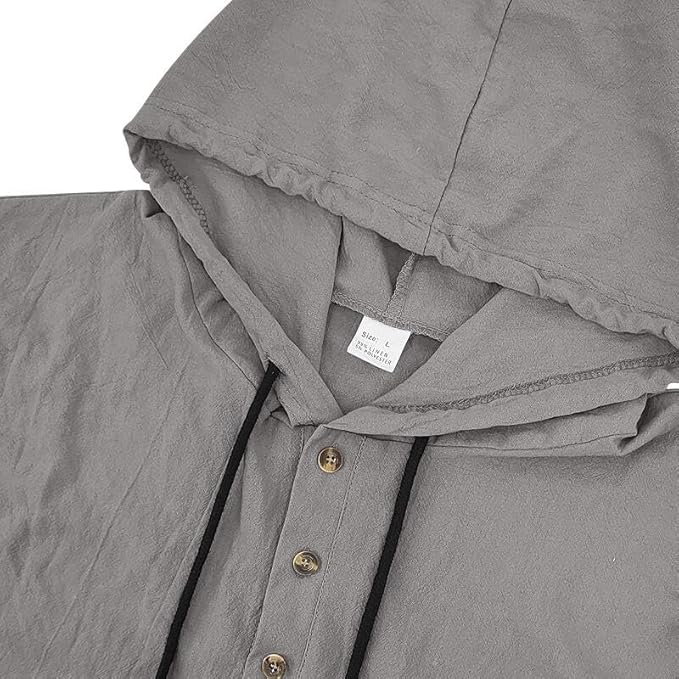 Men's Linen Blend Hoodie Long Sleeve Henley Pullover Sweatshirt Casual Loose Fit Top for Workout Beach Wear