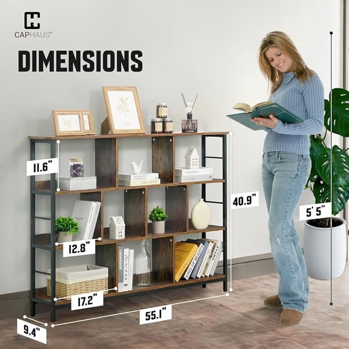 CAPHAUS 10 Cube Storage Organizer, 55” Wide 3 Tier Rustic Oak Industrial Open Shelf Bookcase, Display Shelf, Horizontal Bookshelf with Metal Frame, Wooden Board, for Living Room, Bedroom, Office