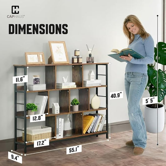 CAPHAUS 10 Cube Storage Organizer, 55” Wide 3 Tier Rustic Oak Industrial Open Shelf Bookcase, Display Shelf, Horizontal Bookshelf with Metal Frame, Wooden Board, for Living Room, Bedroom, Office
