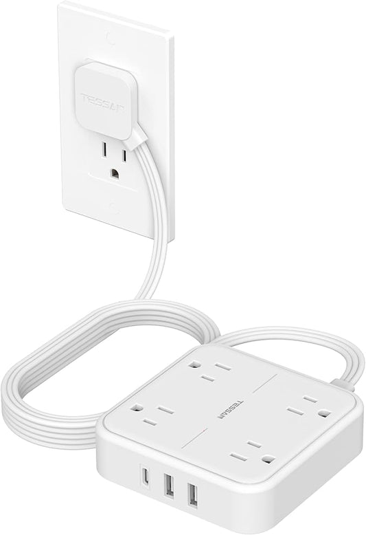 Surge Protector Flat Extension Cord 10FT, TESSAN Flat Plug Power Strip with 4 Outlets 3 USB Ports (1 USB C), 900 Joules Protection, Multiple Wall Outlet Extender Suitable for Home Office Dorm, White