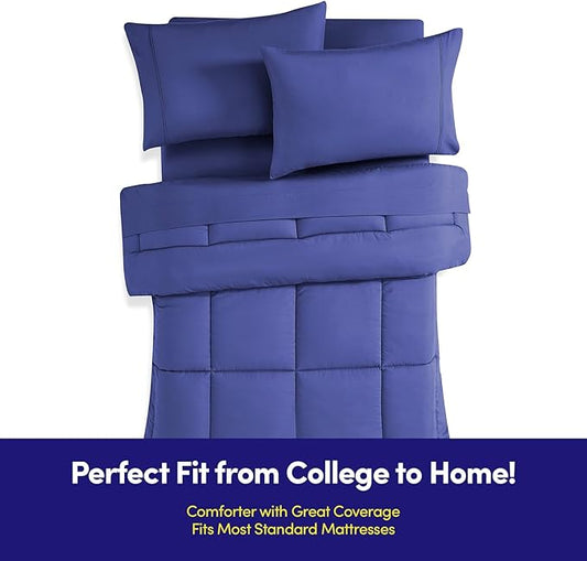 Dorm Room Essentials College Bedding Comforter Set 5 Piece Twin Size Bed in a Bag for College Students Boys and Girls, Twin, Royal Blue